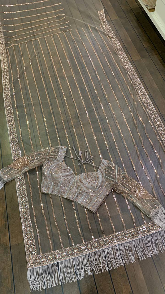 Golden Glow Net Sequence Saree with Designer Blouse