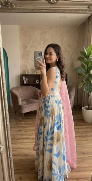 Blossom Breeze Dola Silk Digital Print Gown Set