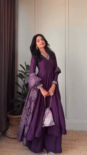 Royal Plum Jalpari Silk Anarkali Suit Set