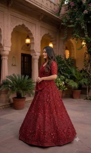 Crimson Royal Net Lehenga Set