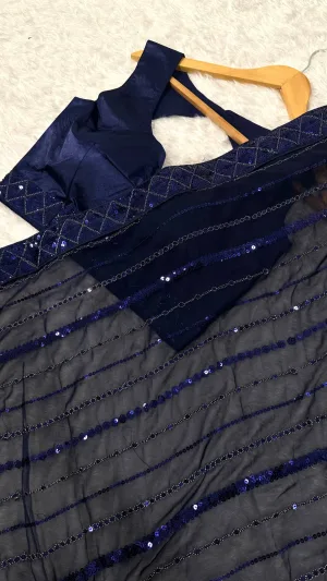 Midnight Azure Georgette Sequin Saree