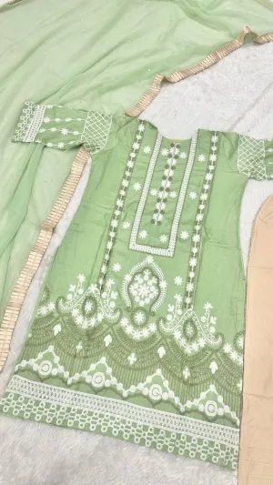 Sage Green Slub Silk Embroidered Suit Set