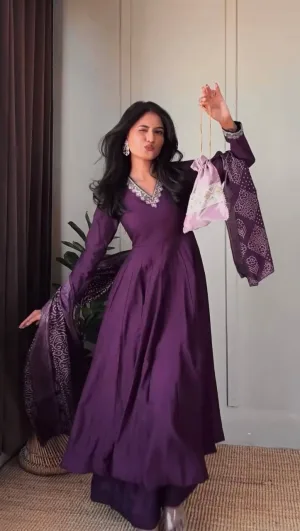 Royal Plum Jalpari Silk Anarkali Suit Set