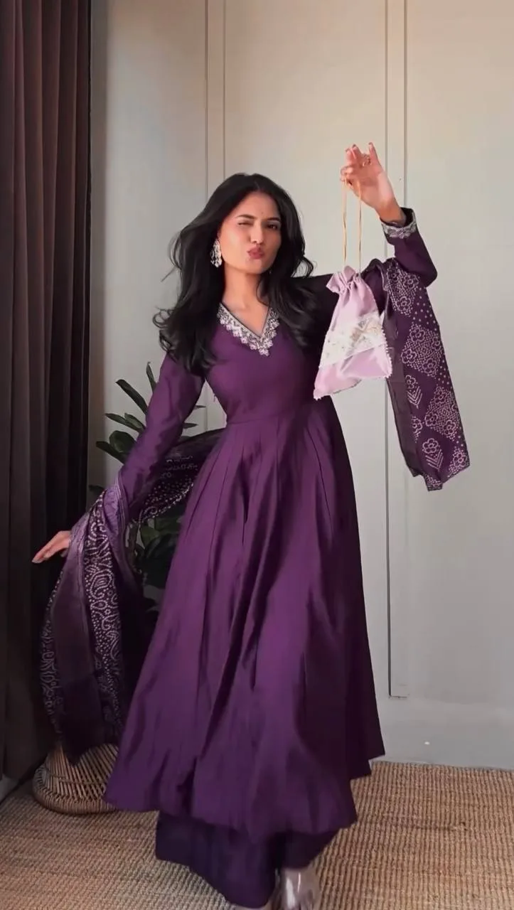Royal Plum Jalpari Silk Anarkali Suit Set alternate view