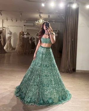 Pastel Green Georgette Rainbow Sequin Lehenga Set