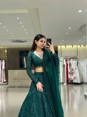 Emerald Green Net Embroidered Lehenga Choli Set