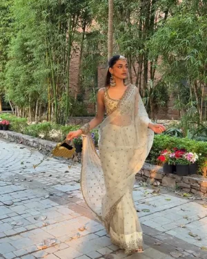 Ivory Aura Glass Satin Silk Saree