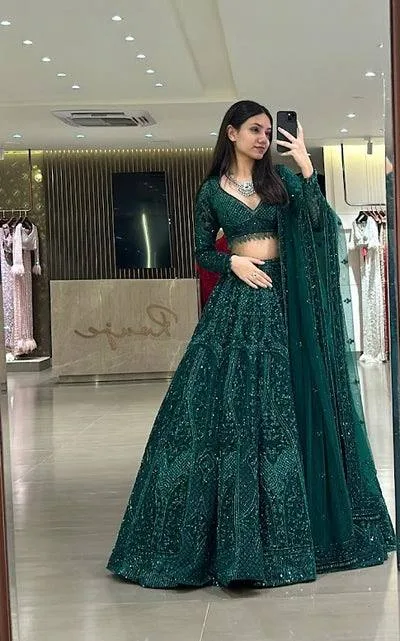 Emerald Green Net Embroidered Lehenga Choli Set