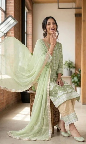 Sage Green Slub Silk Embroidered Suit Set