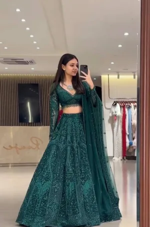 Emerald Green Net Embroidered Lehenga Choli Set