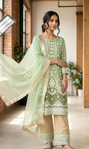 Sage Green Slub Silk Embroidered Suit Set