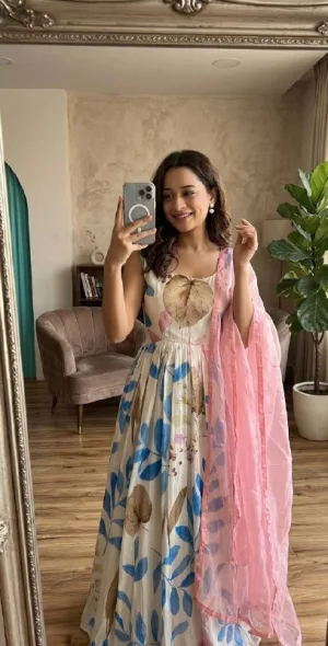 Blossom Breeze Dola Silk Digital Print Gown Set