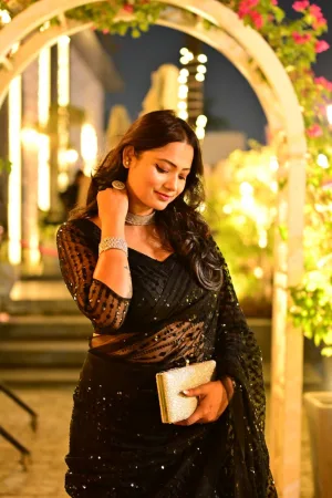 Black Swag Heavy Sequin Net Saree