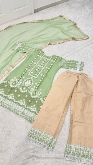 Sage Green Slub Silk Embroidered Suit Set