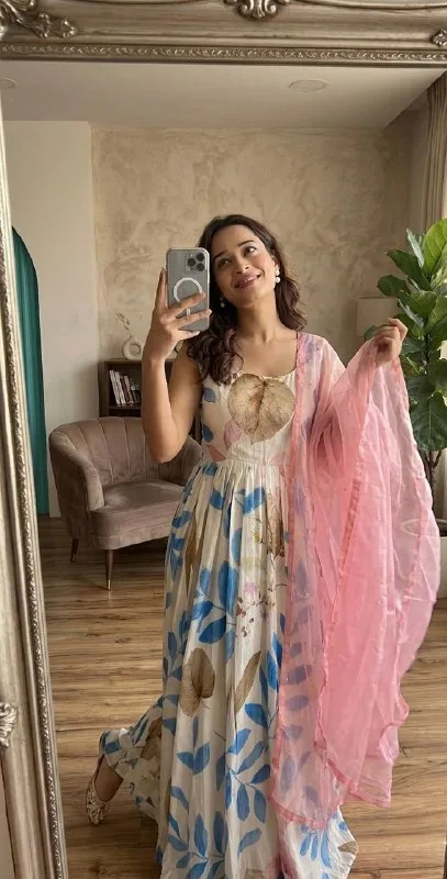 Blossom Breeze Dola Silk Digital Print Gown Set