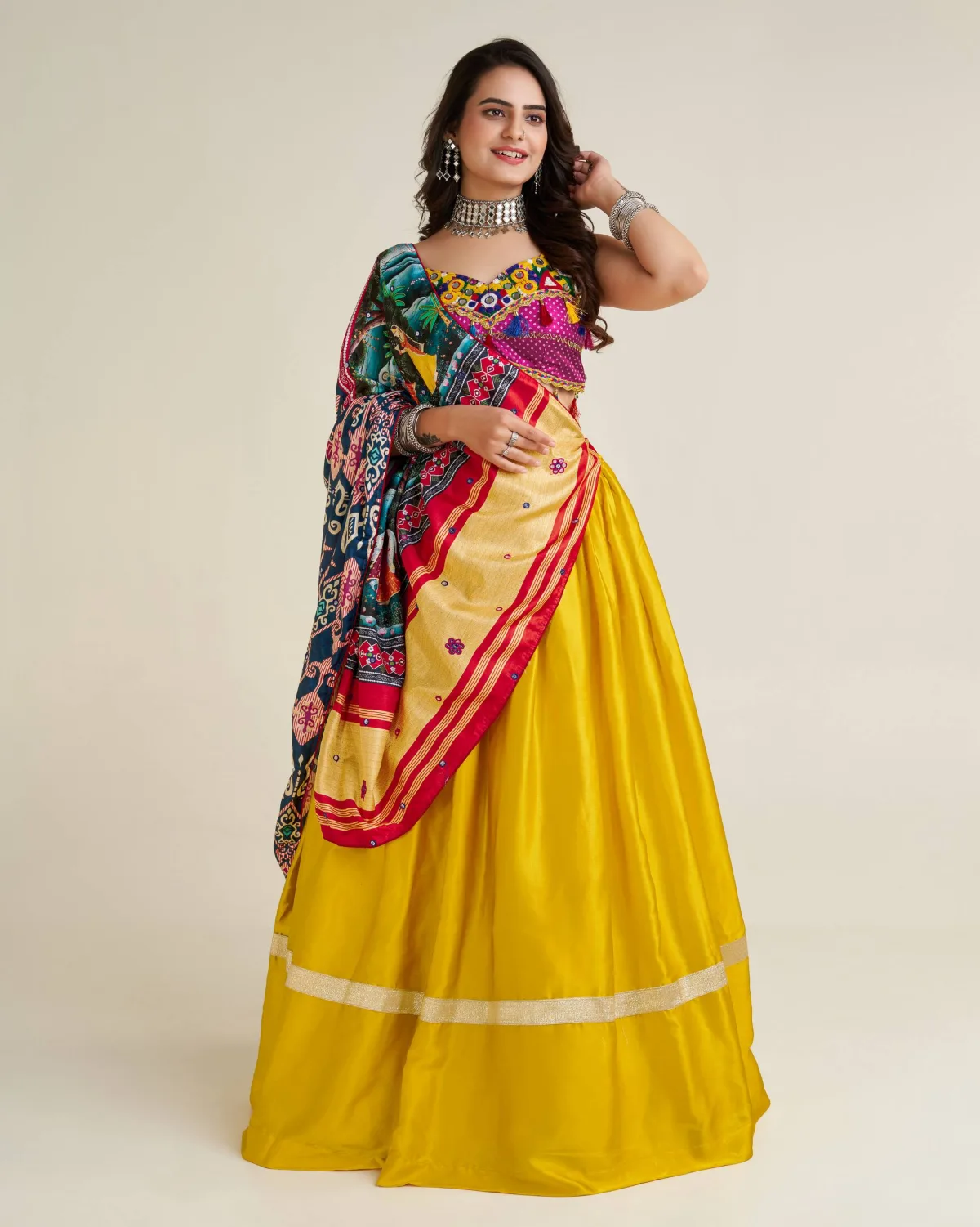 Kesariya Rang Gamthi Satin Silk Lehenga Set