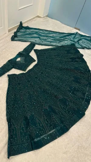 Emerald Green Net Embroidered Lehenga Choli Set