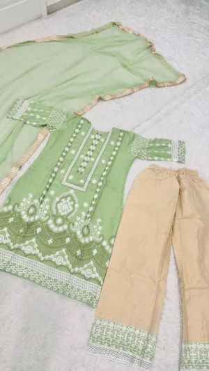 Sage Green Slub Silk Embroidered Suit Set