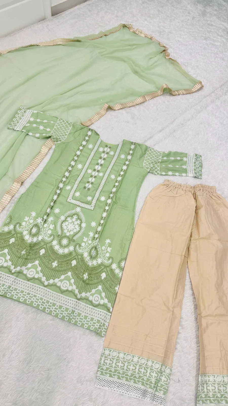 Sage Green Slub Silk Embroidered Suit Set alternate view
