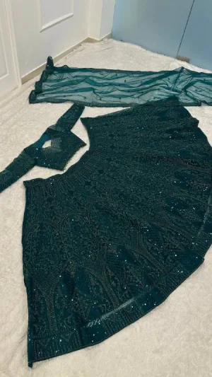 Emerald Green Net Embroidered Lehenga Choli Set