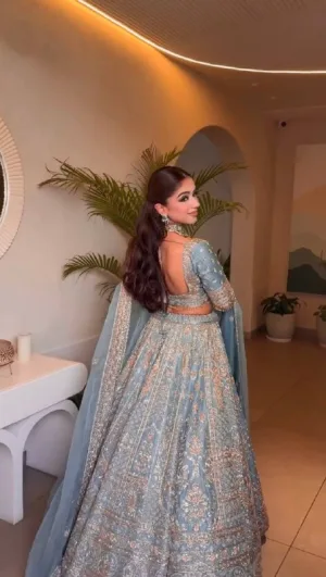 Slate Blue Crape Silk Lehenga Set