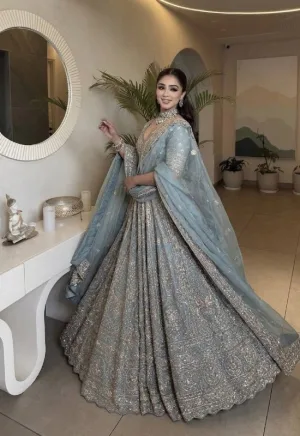 Slate Blue Crape Silk Lehenga Set