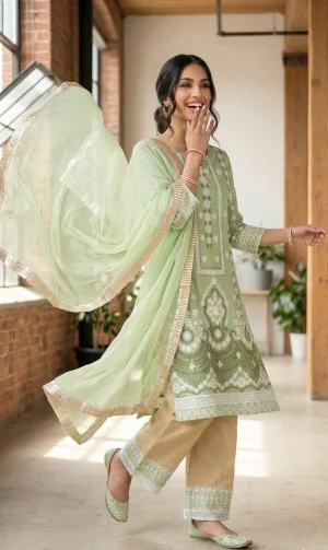 Sage Green Slub Silk Embroidered Suit Set