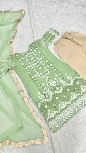 Sage Green Slub Silk Embroidered Suit Set