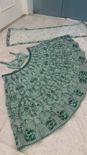 Pastel Green Georgette Rainbow Sequin Lehenga Set