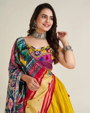 Kesariya Rang Gamthi Satin Silk Lehenga Set