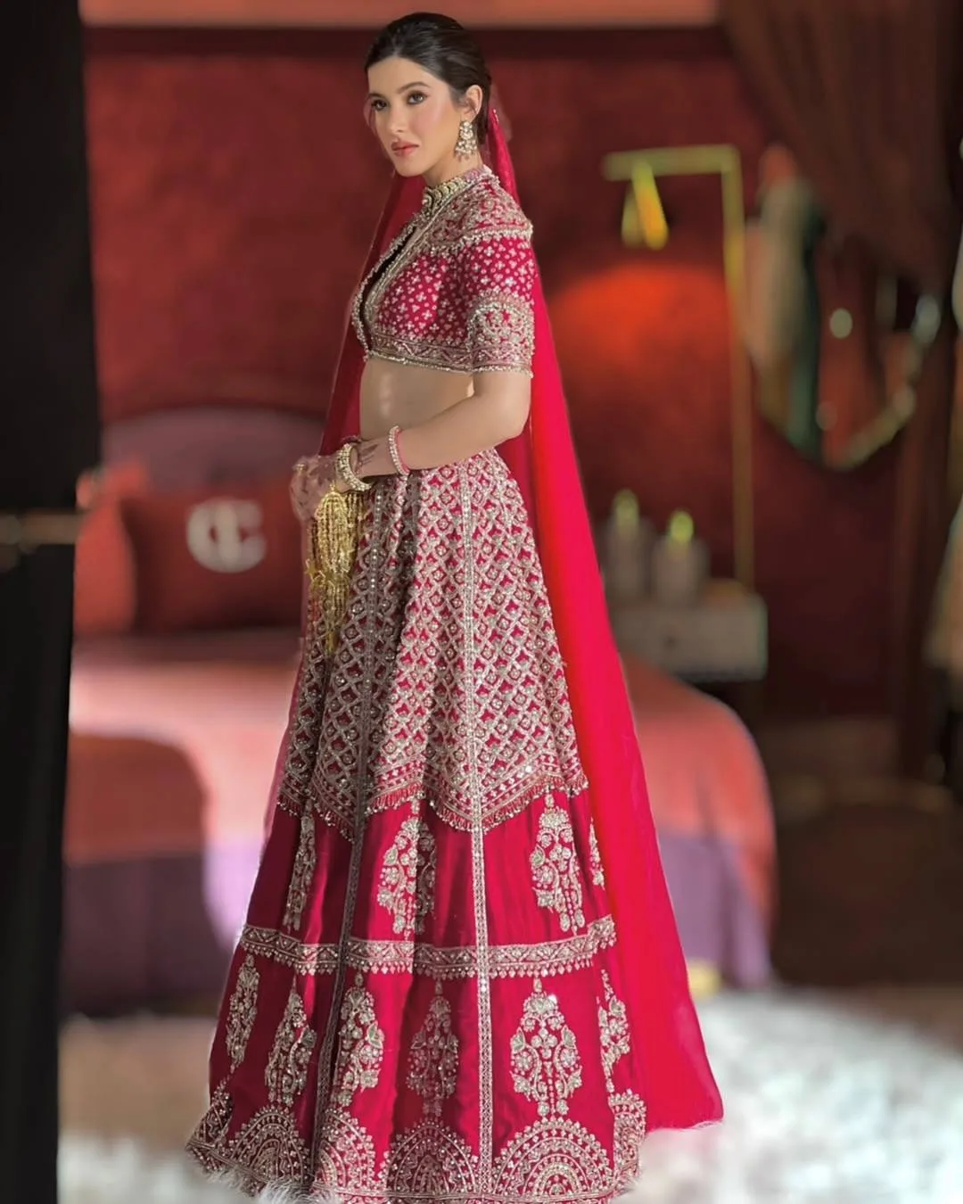Crimson Muga Silk Lehenga Set