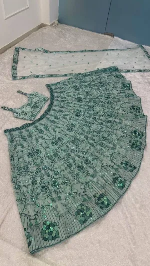 Pastel Green Georgette Rainbow Sequin Lehenga Set