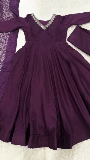 Royal Plum Jalpari Silk Anarkali Suit Set