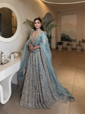 Slate Blue Crape Silk Lehenga Set