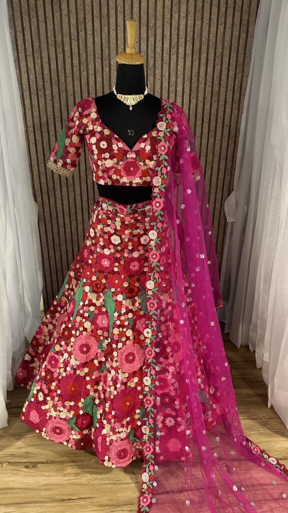 Tapeta velvet lehnga with chainstitch embroidery & sequins work