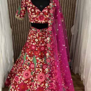 Tapeta velvet lehnga with chainstitch embroidery & sequins work