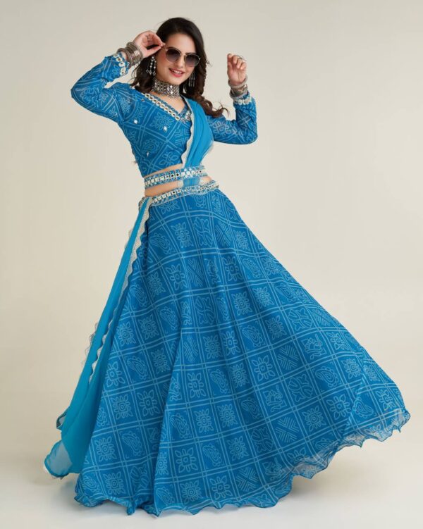 blue Digital print Georgette lehnga with thread and sequence work