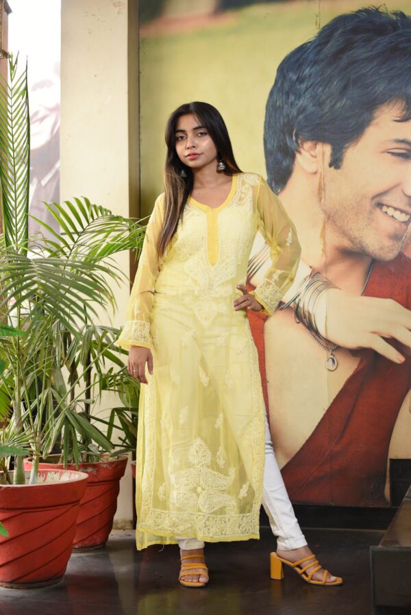 Rayon Yellow Chikan kurti