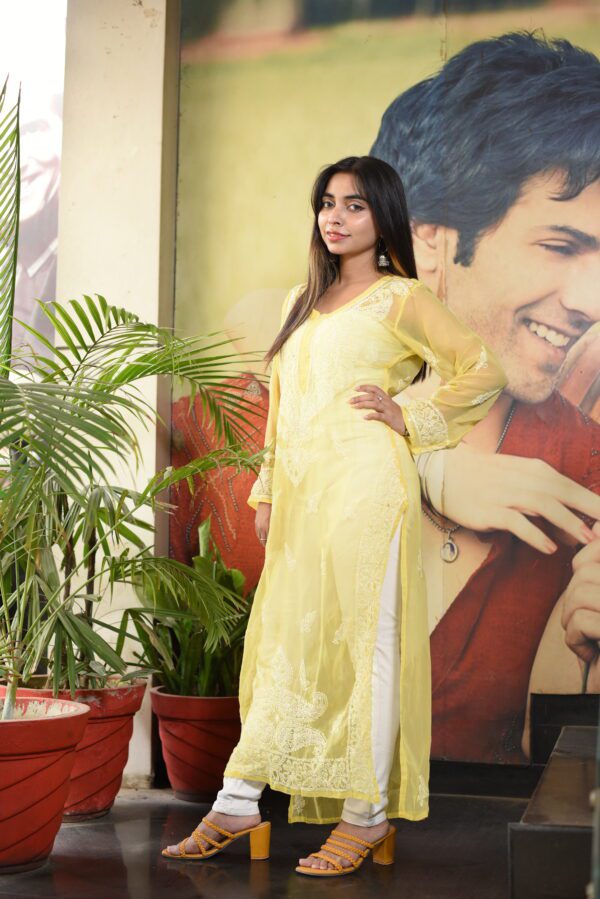 Rayon Yellow Chikan kurti