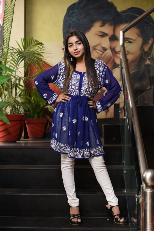 Dark blue chikan kari kurti