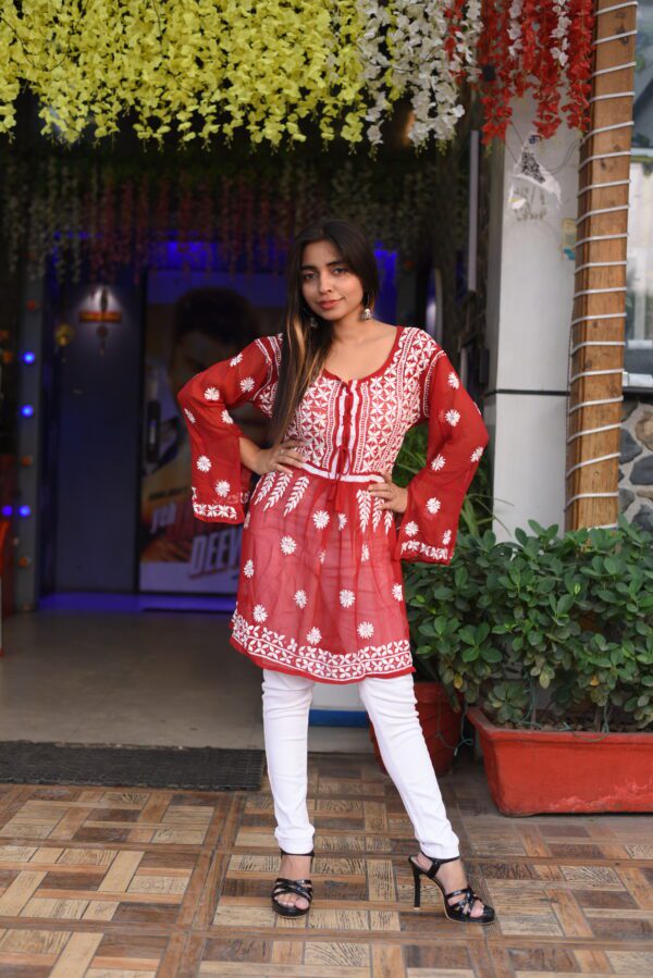 Red printed kurti chikan work