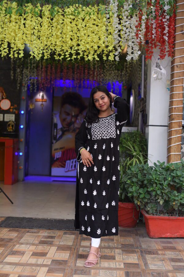 black cotton long kurti with chikan kadhai work