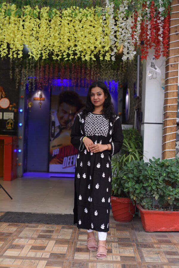 black cotton long kurti with chikan kadhai work