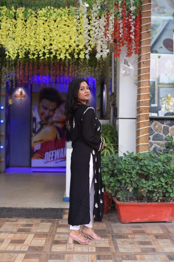 black cotton long kurti with chikan kadhai work