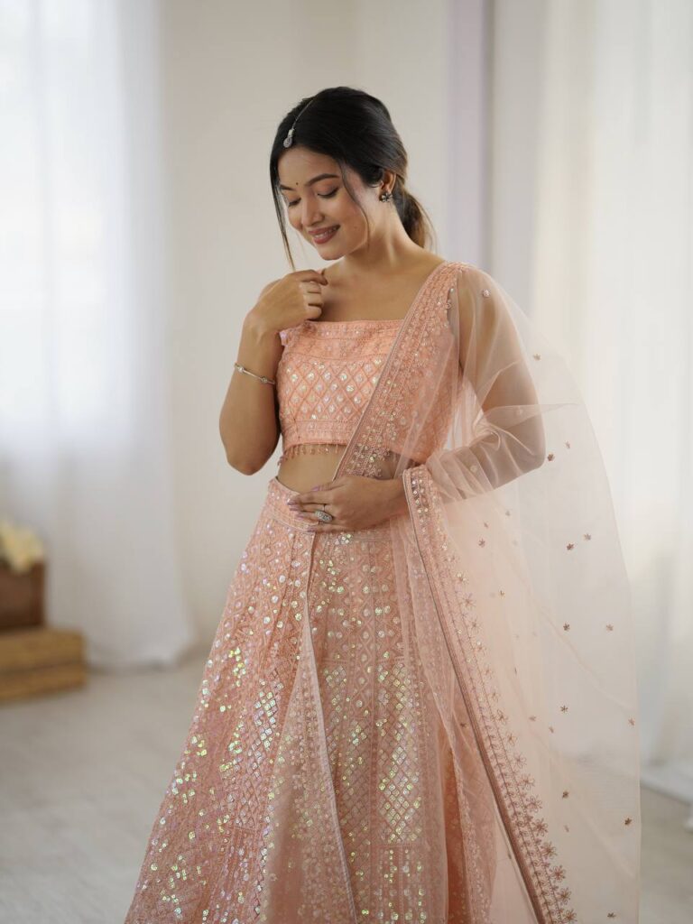 Peach Sequins Net Lehenga