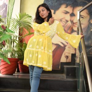 Handmade Rayon Cotton Fabric WID Yellow Chikankari Embroidery Short Kurti | Lucknowi Work