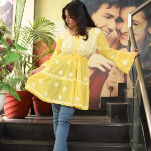 Handmade Rayon Cotton Fabric WID Yellow Chikankari Embroidery Short Kurti | Lucknowi Work - Image 3