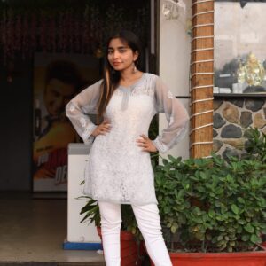 Grey short chikankari kurti for summers