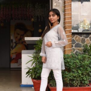 Grey short chikankari kurti for summers - Image 3
