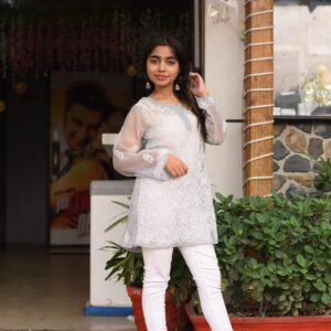 Grey short chikankari kurti for summers - Image 5